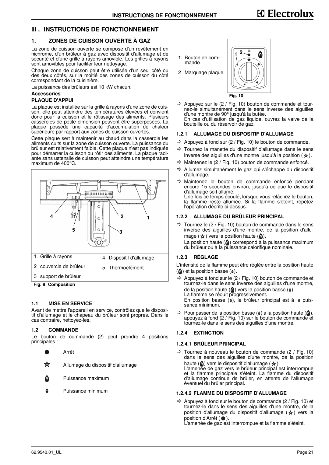 Electrolux 584109, WGGWDBQQOO, WGGWABQQOO, WGGWDAQQOO III . Instructions DE Fonctionnement, Zones DE Cuisson Ouverte À GAZ 