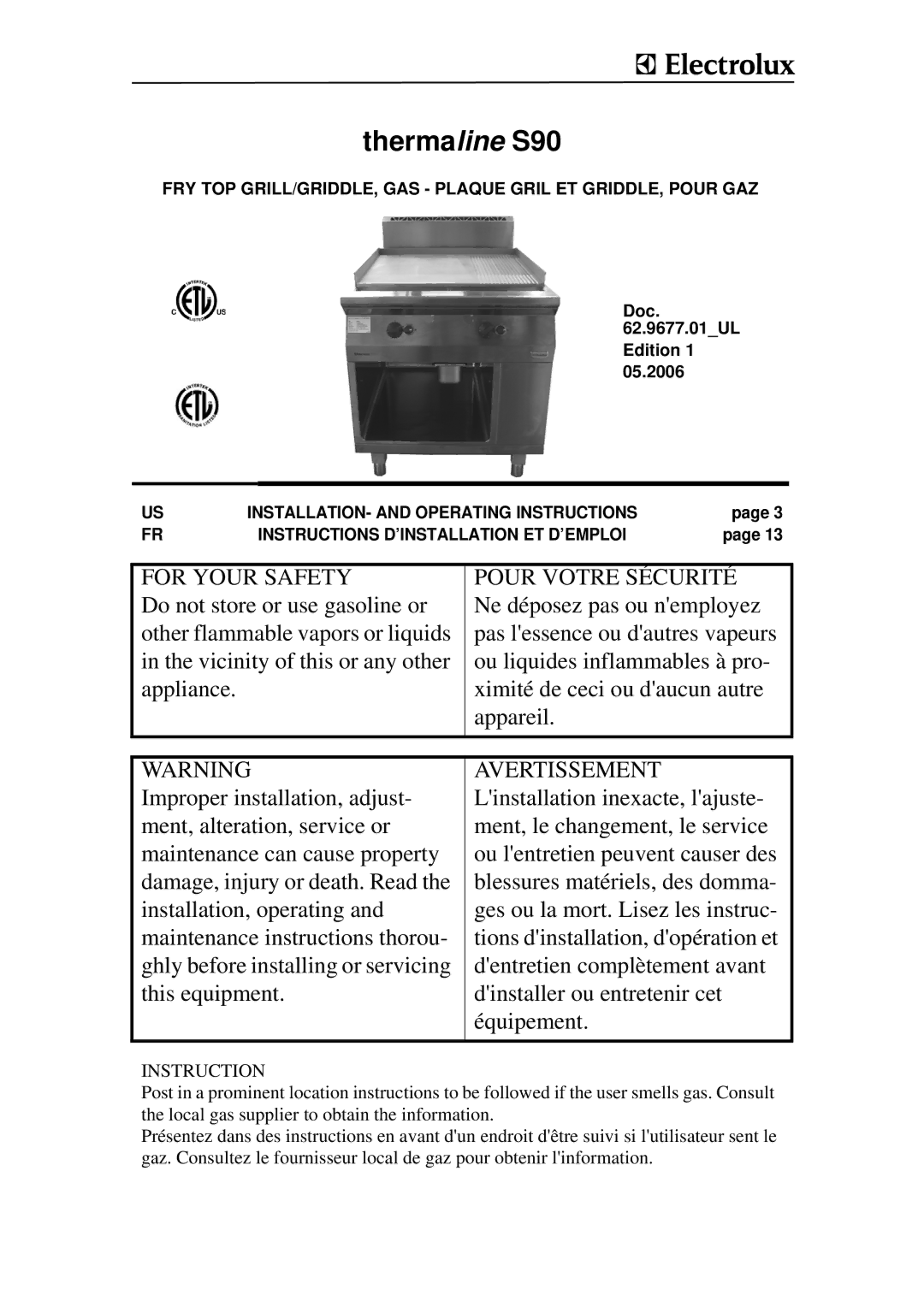 Electrolux WHGUSAOOOO operating instructions Thermaline S90, FRY TOP GRILL/GRIDDLE, GAS Plaque Gril ET GRIDDLE, Pour GAZ 