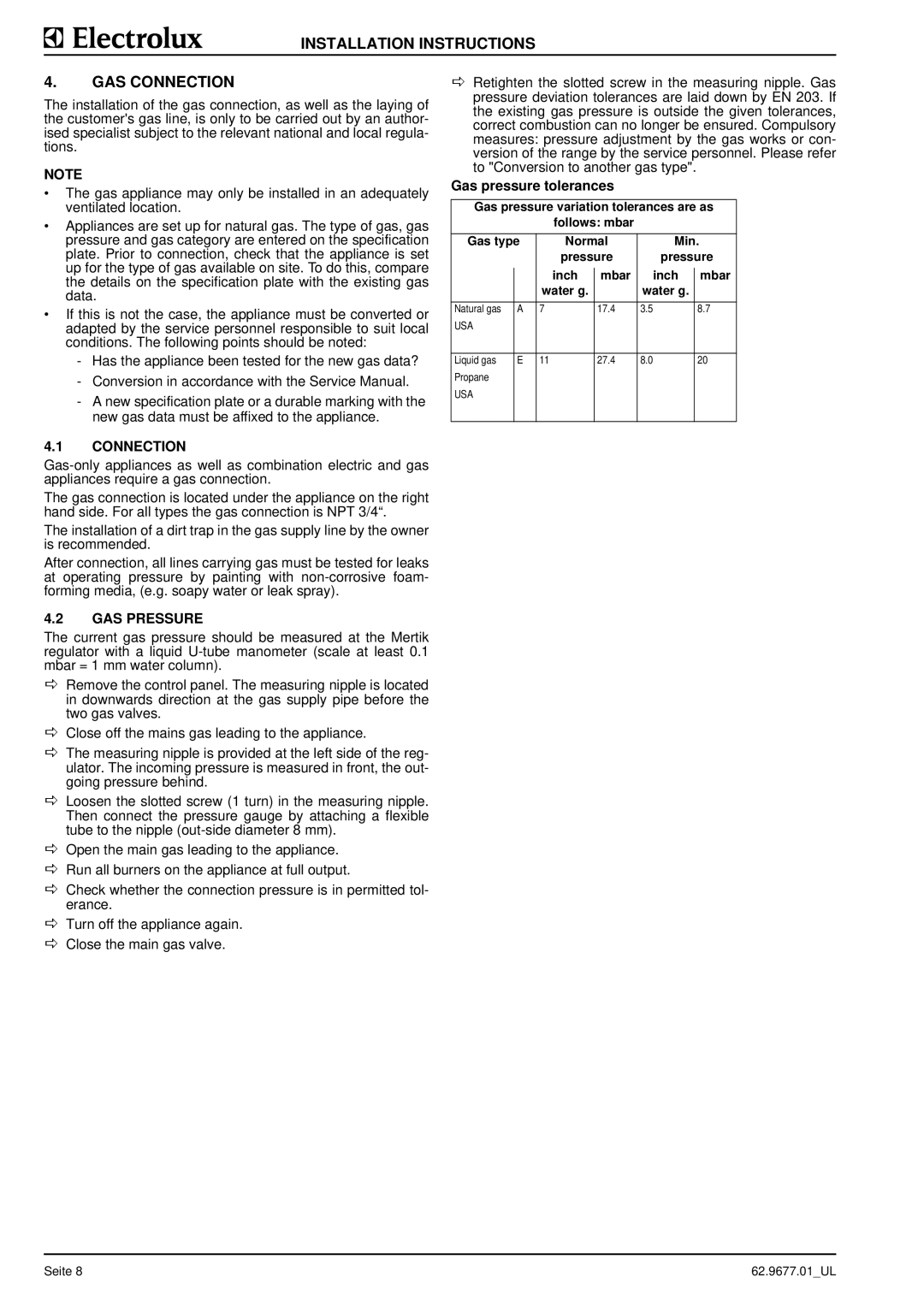 Electrolux WHGURFOOOO, WHGUSFOOOO Installation Instructions GAS Connection, GAS Pressure, Gas pressure tolerances 