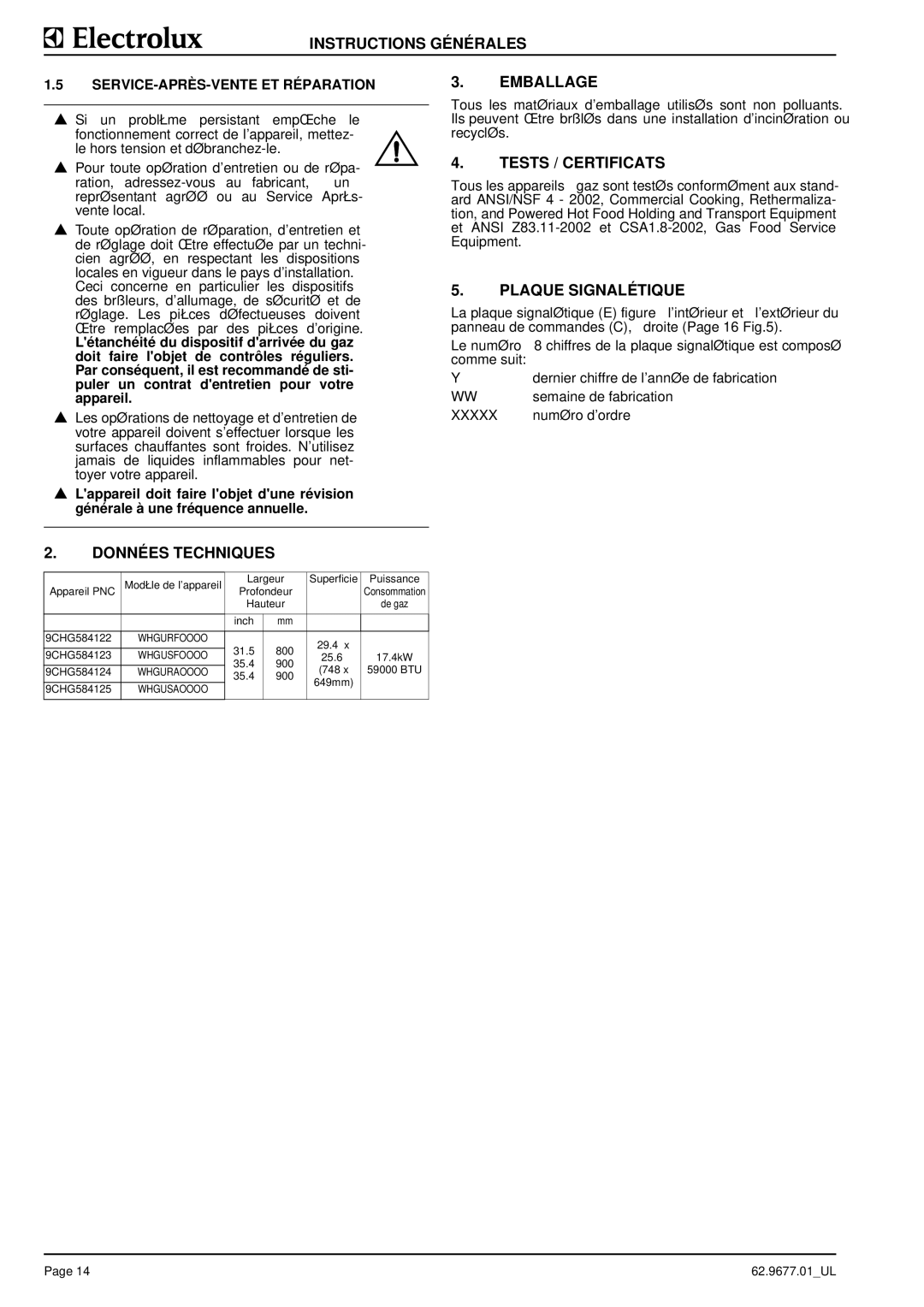 Electrolux WHGUSFOOOO, WHGUSAOOOO, WHGURFOOOO Emballage, Tests / Certificats, Plaque Signalétique, Données Techniques 