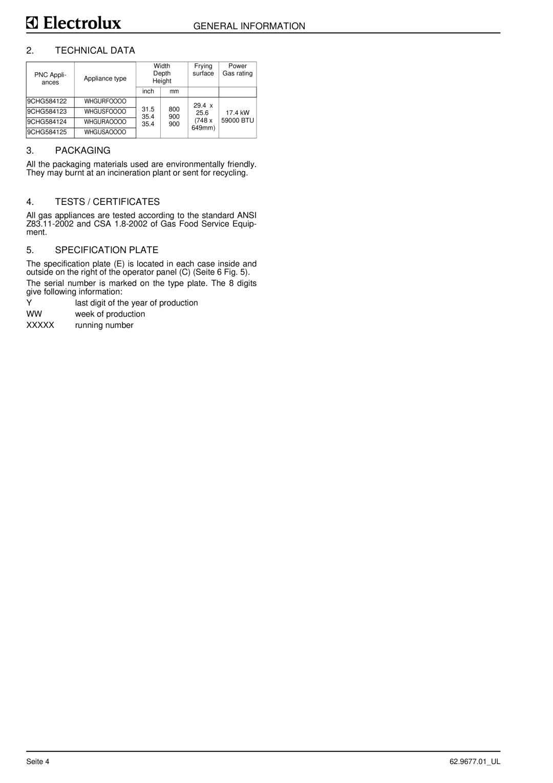 Electrolux WHGURAOOOO, WHGUSFOOOO General Information Technical Data, Packaging, Tests / Certificates, Specification Plate 