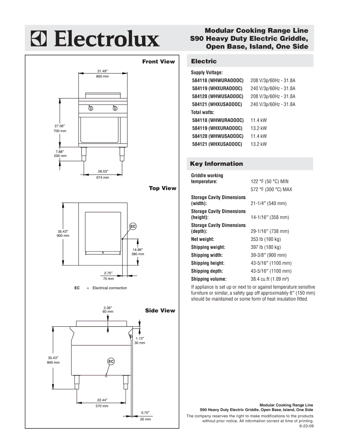 Electrolux WHWURAOOOC, WHXURAOOOC, WHWUSAOOOC, WHXUSAOOOC, 584120 Electric, Key Information, Front View Top View Side View 