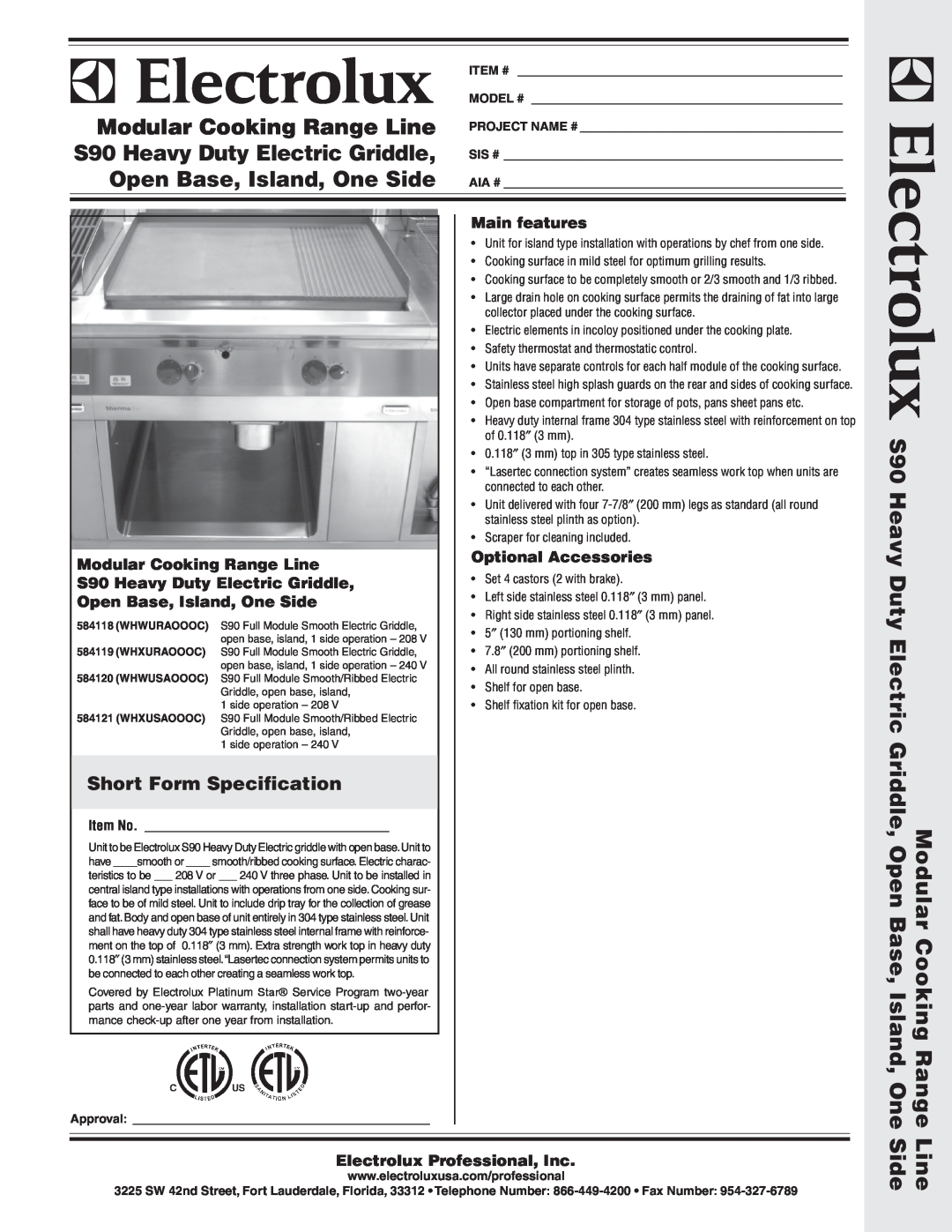 Electrolux WHWUSAOOOC warranty Short Form Specification, Main features, Modular Cooking Range Line, Optional Accessories 
