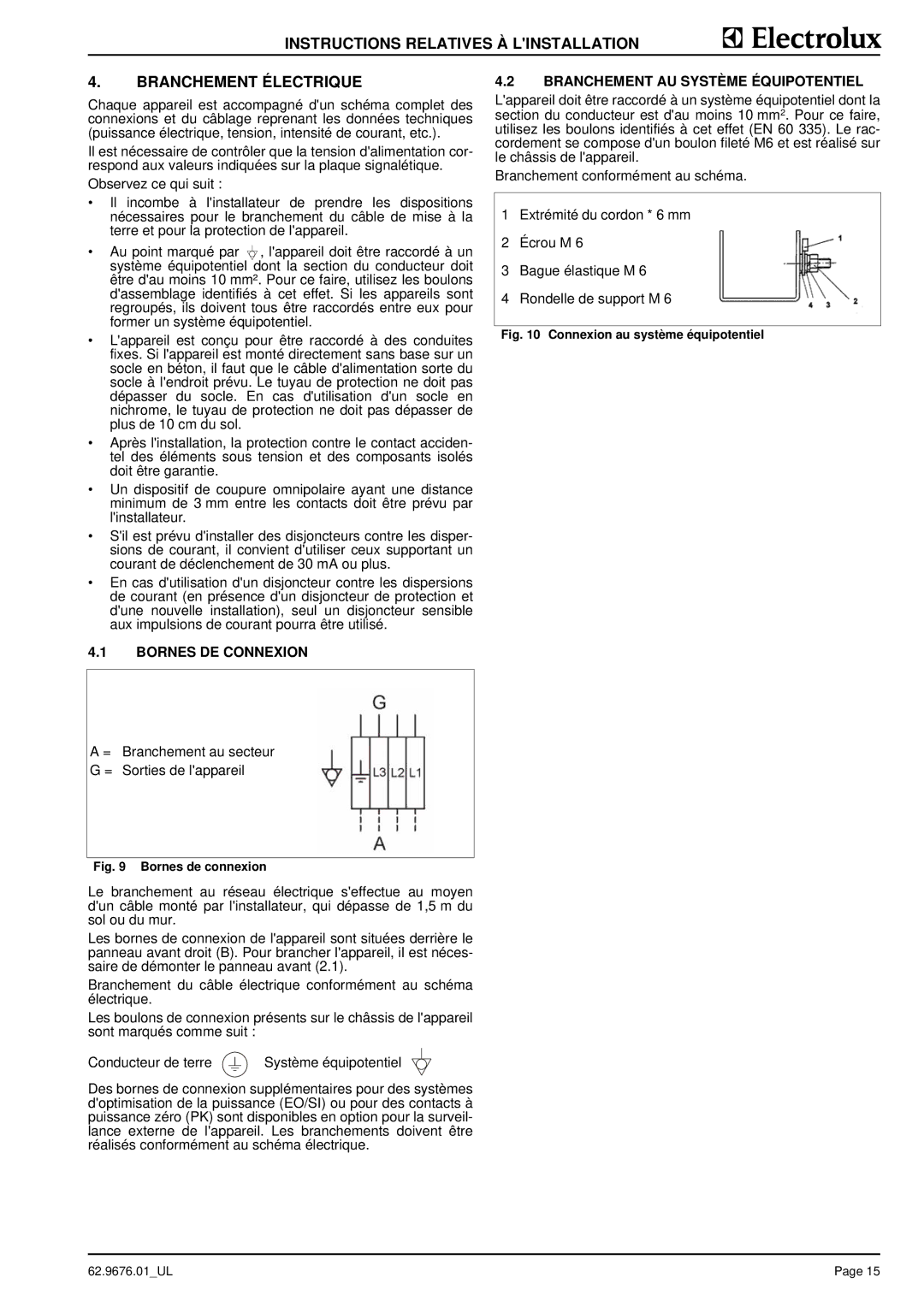 Electrolux WHXUSFOOOO, WHXURAOOOO, WHXUSAOOOO, WHXURFOOOO manual Bornes DE Connexion, Branchement AU Système Équipotentiel 