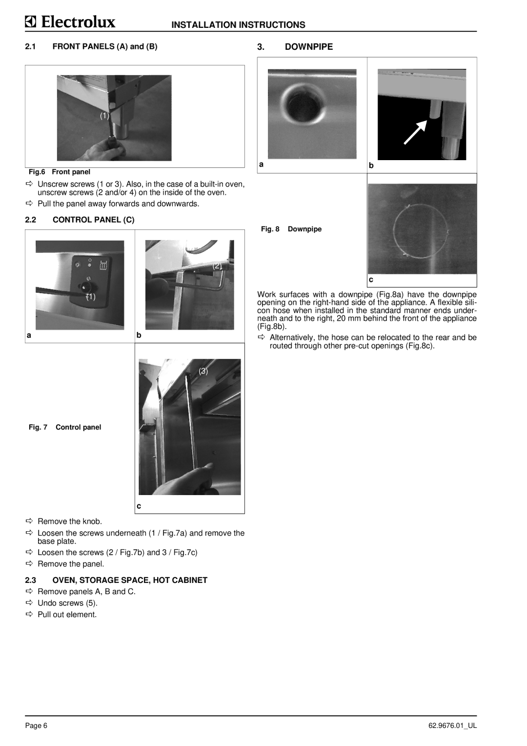 Electrolux 9CHG584121, WHXURAOOOO manual Downpipe, Front Panels a and B, Control Panel C, OVEN, Storage SPACE, HOT Cabinet 