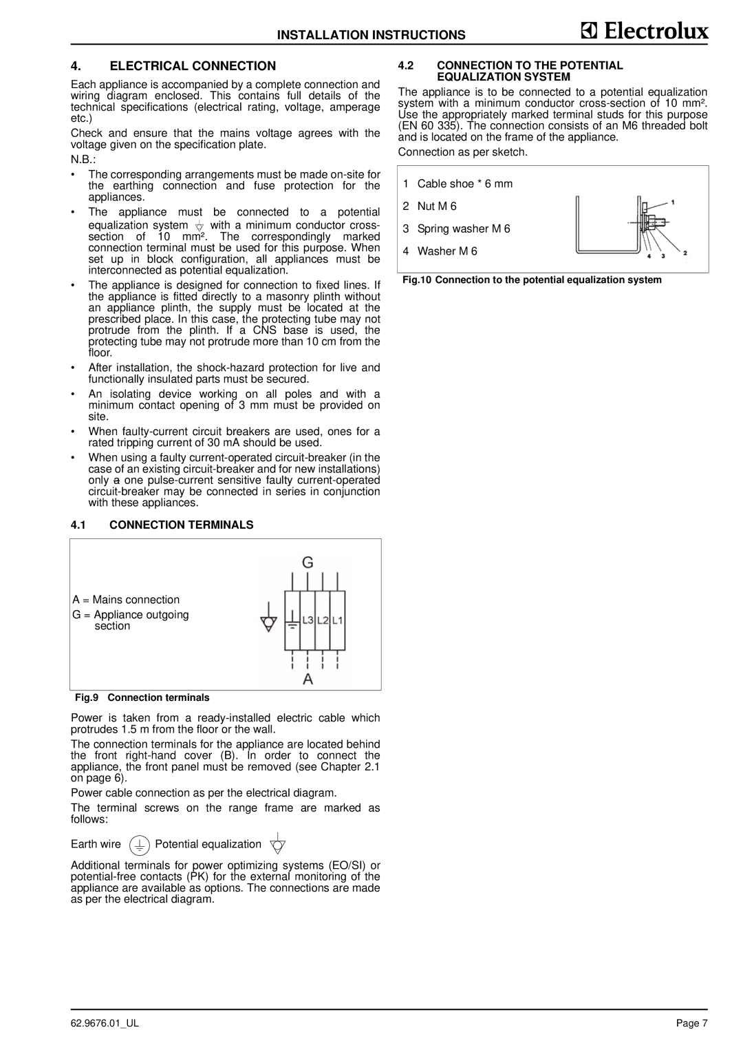 Electrolux 9CHG584114, WHXURAOOOO, WHXUSFOOOO manual Installation Instructions Electrical Connection, Connection Terminals 