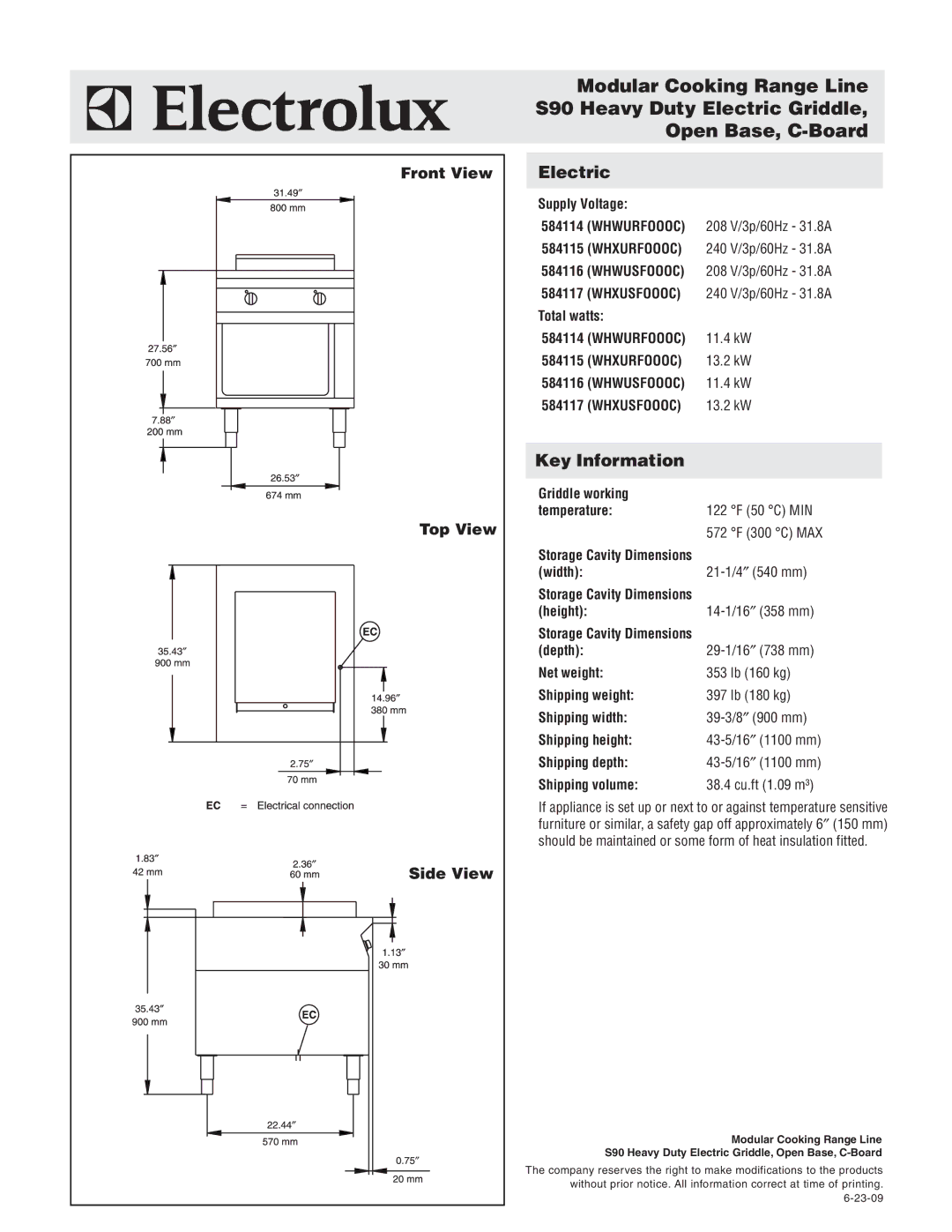 Electrolux WHXURFOOOC, WHXUSFOOOC, WHWURFOOOC, WHWUSFOOOC, 584115 Electric, Key Information, Front View Top View Side View 