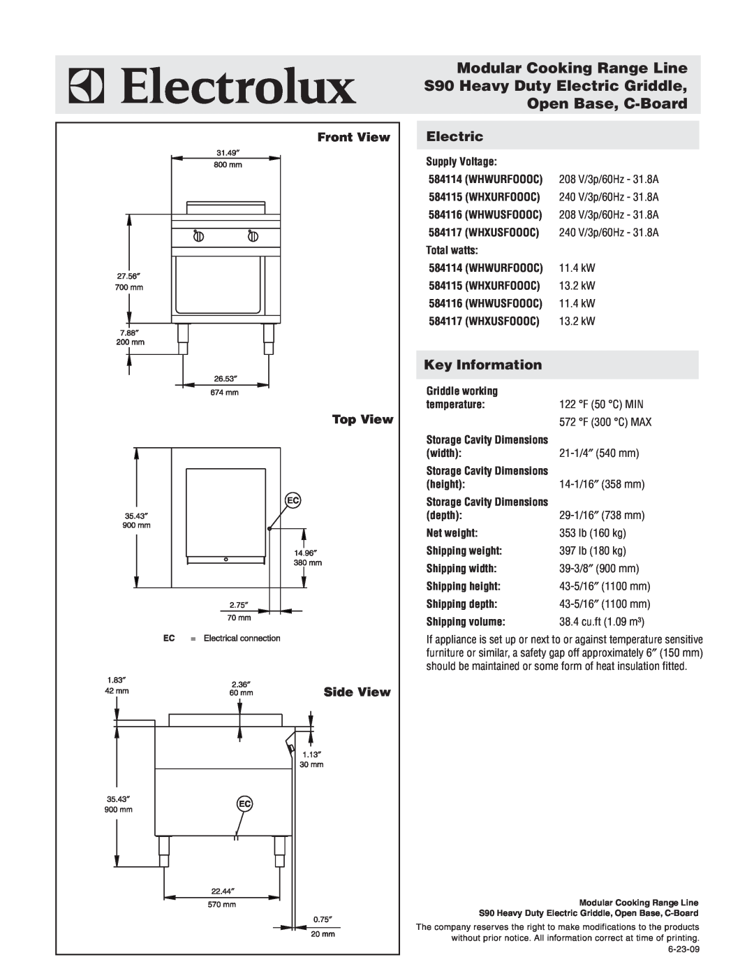 Electrolux WHXURFOOOC Modular Cooking Range Line S90 Heavy Duty Electric Griddle, Open Base, C-Board, Key Information 