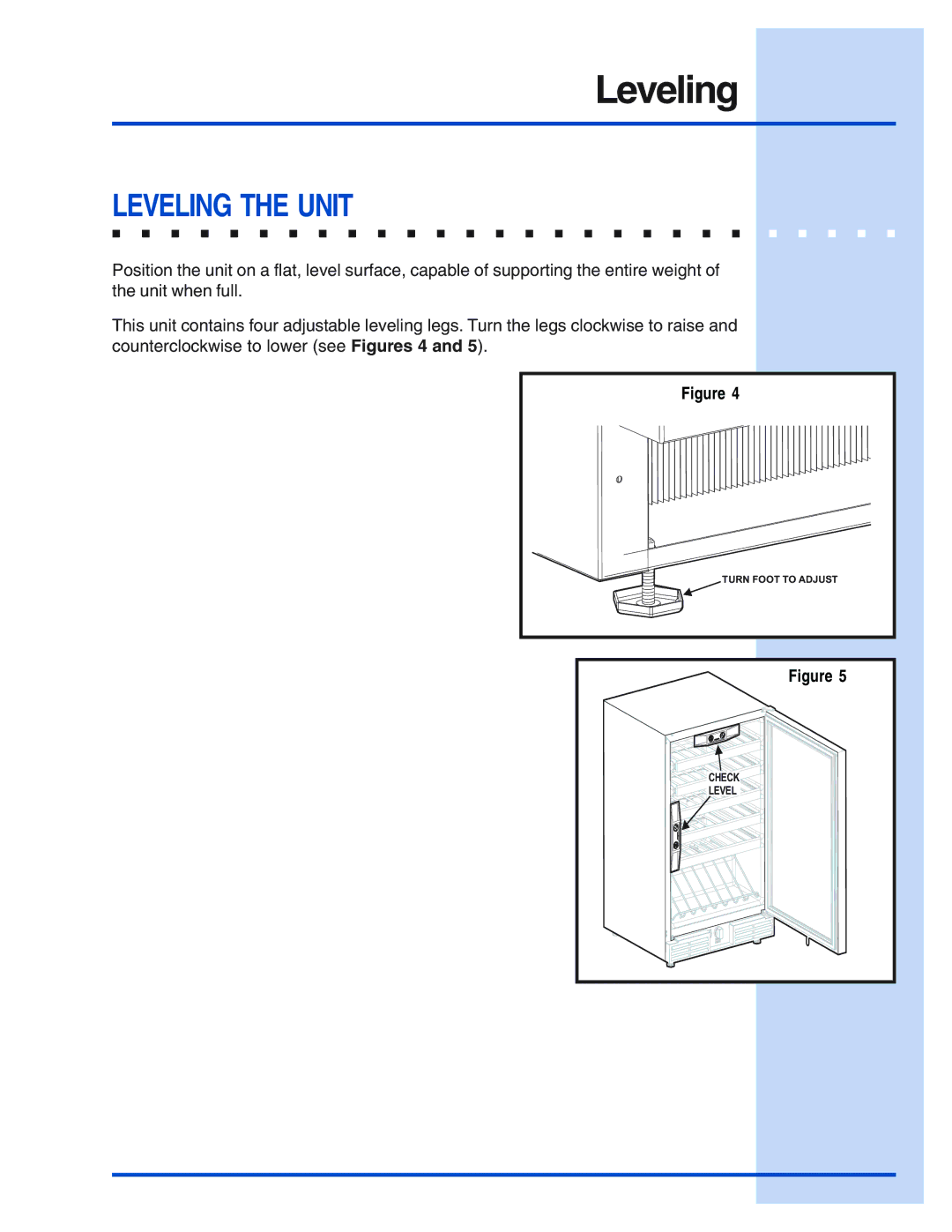 Electrolux Wine Cooler manual Leveling the Unit 