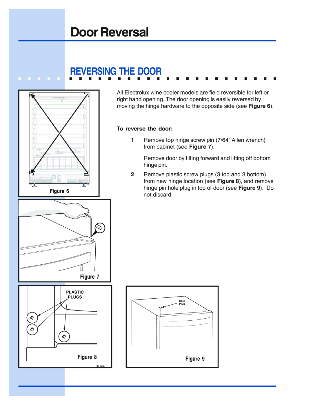 Electrolux Wine Cooler manual Door Reversal, Reversing the Door, To reverse the door 