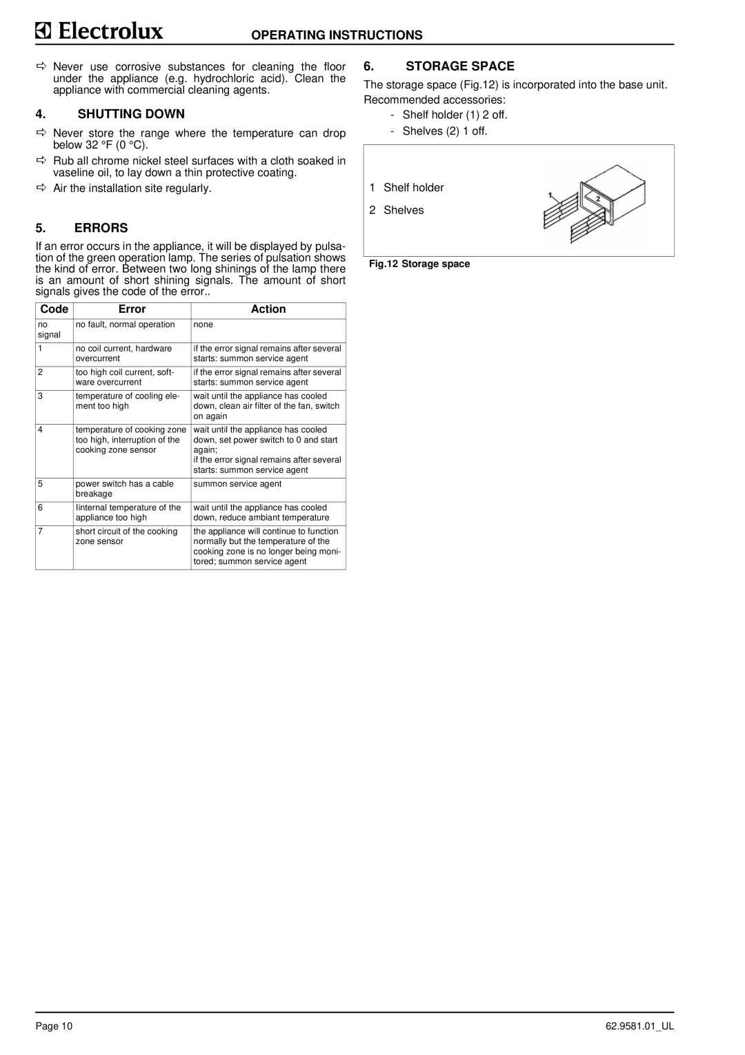 Electrolux 9CHG584137, WIWRABQOOO, WIXRAAQOOO, WIWWAFQQOO, WIWWABQQOO Shutting Down, Errors, Storage Space, Code Error Action 