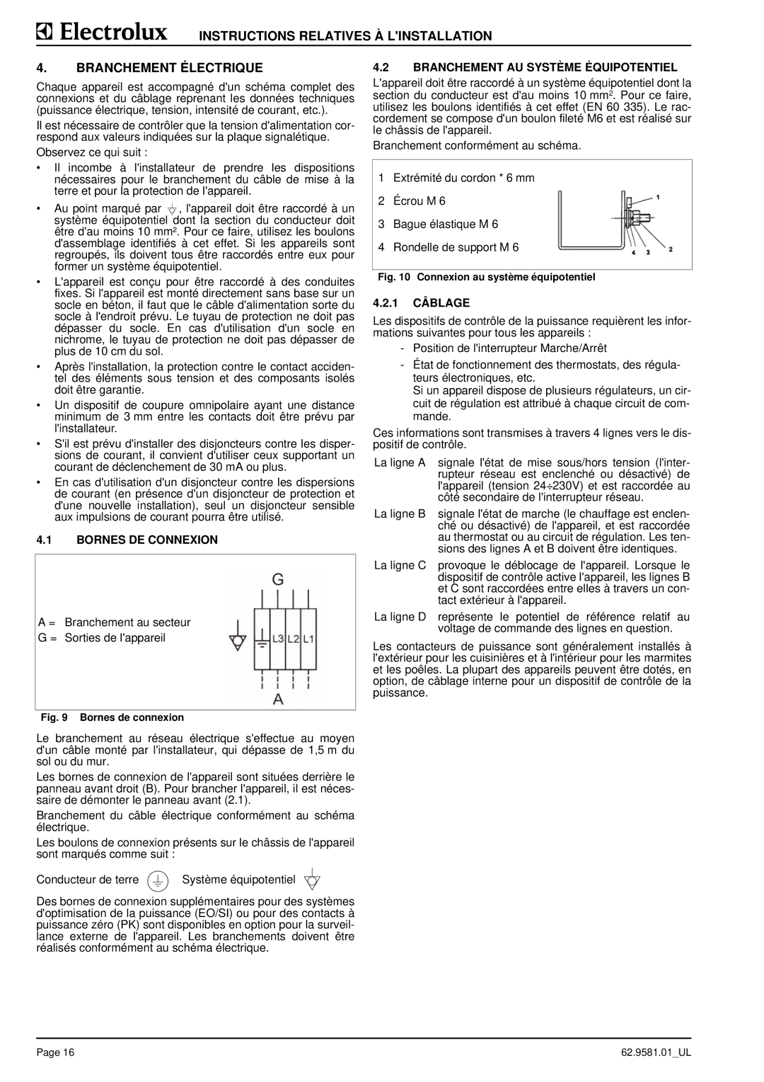 Electrolux 9CHG584133, WIWRABQOOO, WIXRAAQOOO manual Branchement AU Système Équipotentiel, Bornes DE Connexion, 1 Câblage 