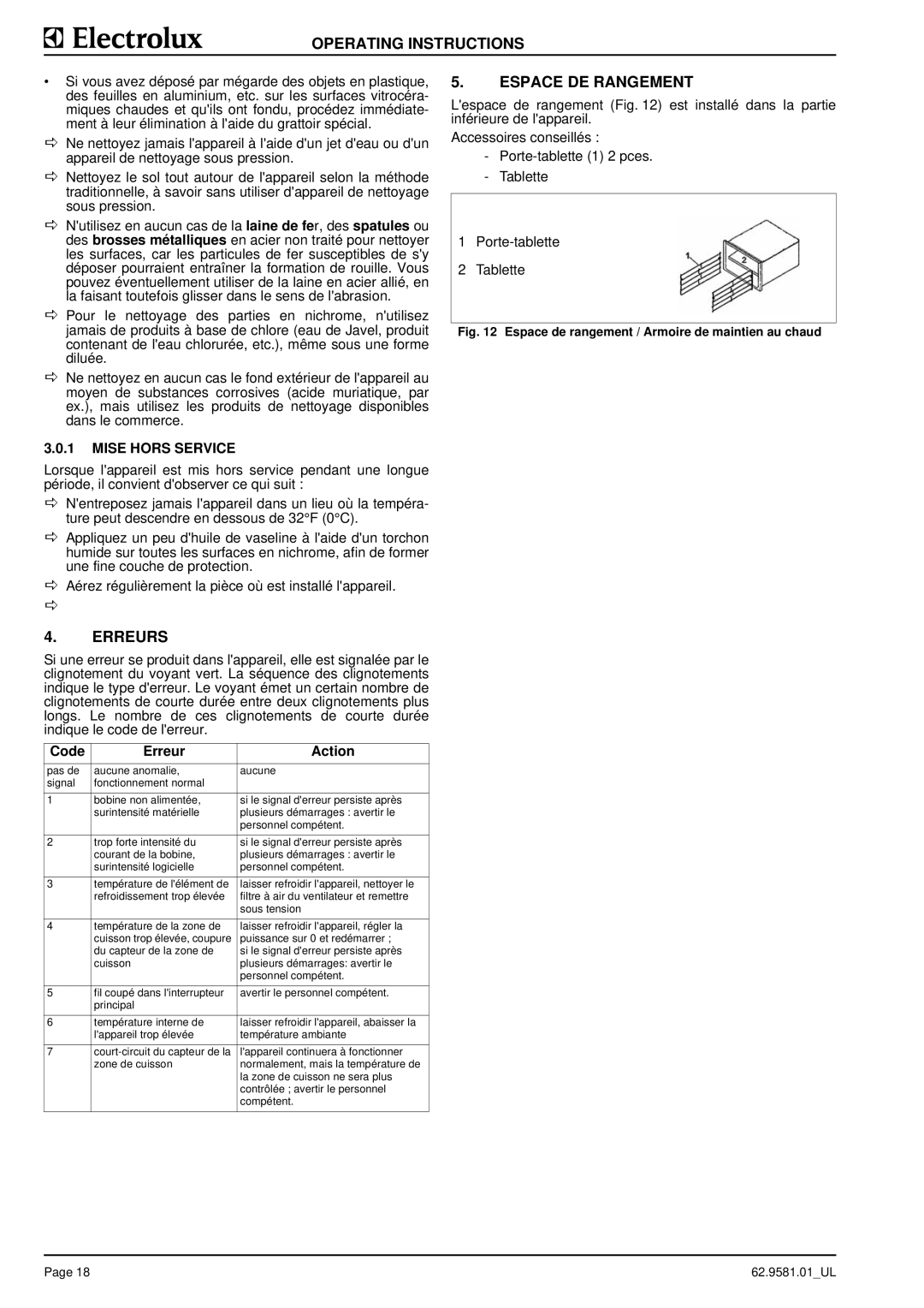 Electrolux 9CHG584129, WIWRABQOOO, WIXRAAQOOO manual Erreurs, Espace DE Rangement, Mise Hors Service, Code Erreur Action 