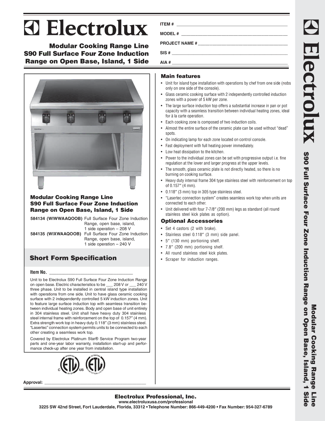 Electrolux WIXWAAQOOB warranty Modular Cooking Range Line, S90 Full Surface Four Zone Induction, Short Form Specification 