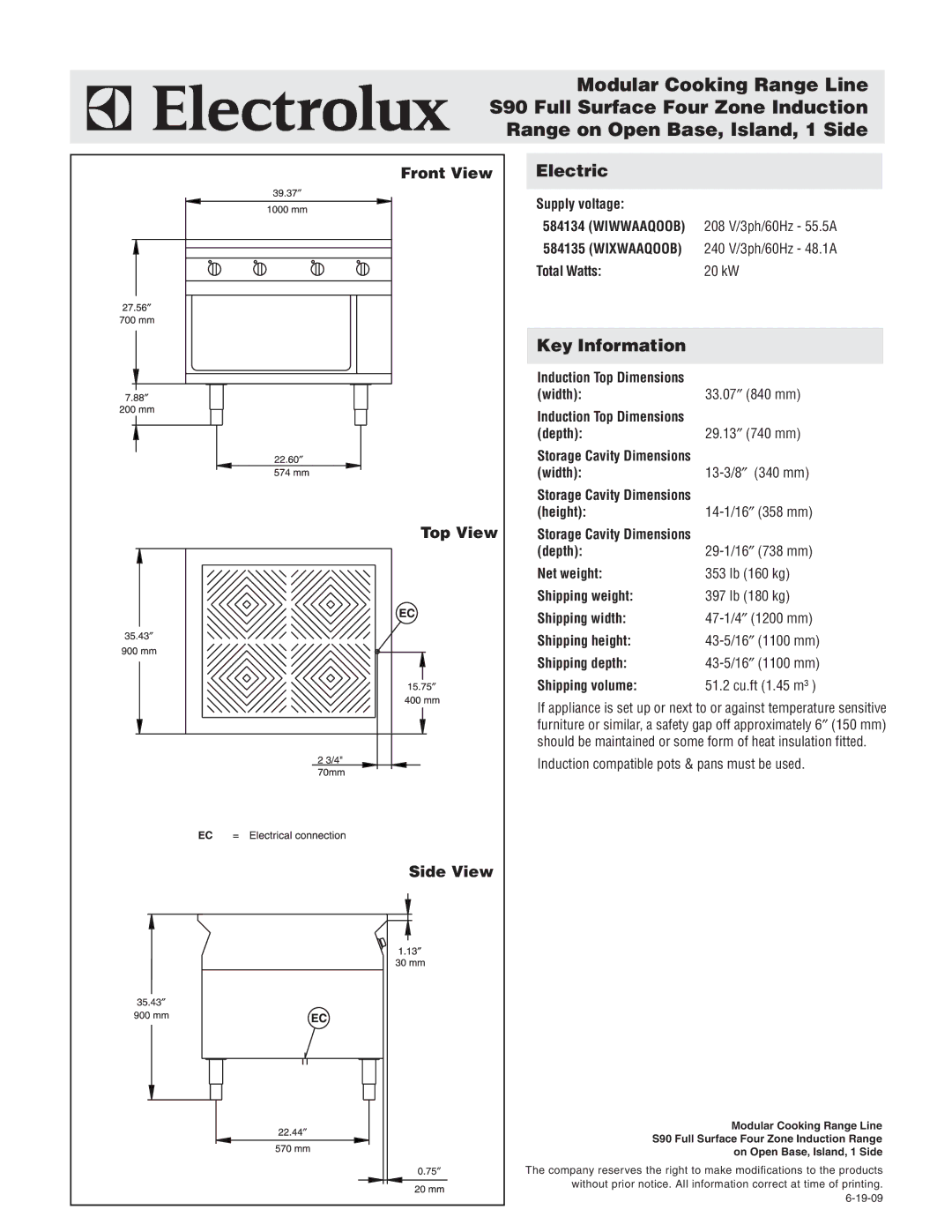 Electrolux 584135, WIWWAAQOOB, WIXWAAQOOB, 584134 warranty Electric, Key Information, Front View Top View, Side View 