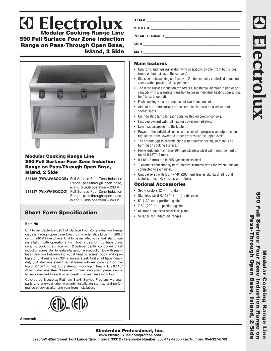 Electrolux 584136, WIWWABQQOB warranty Modular Cooking Range Line, S90 Full Surface Four Zone Induction, Island, 2 Side 