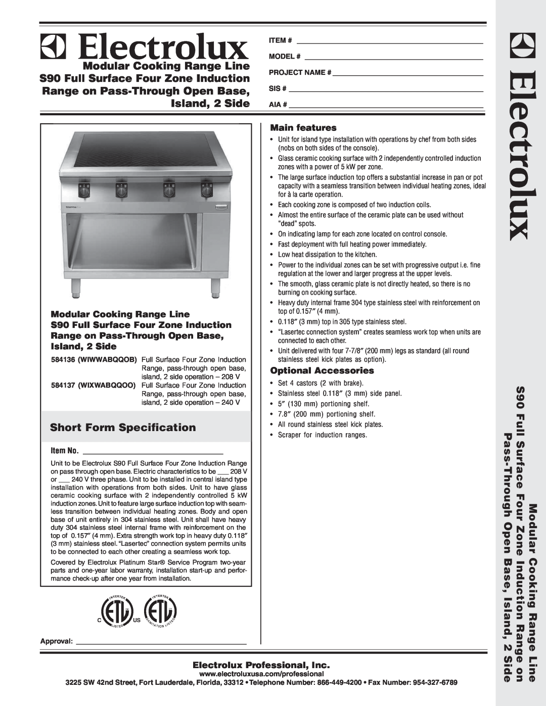 Electrolux 584136 warranty Main features, Modular Cooking Range Line, S90 Full Surface Four Zone Induction, Island, 2 Side 