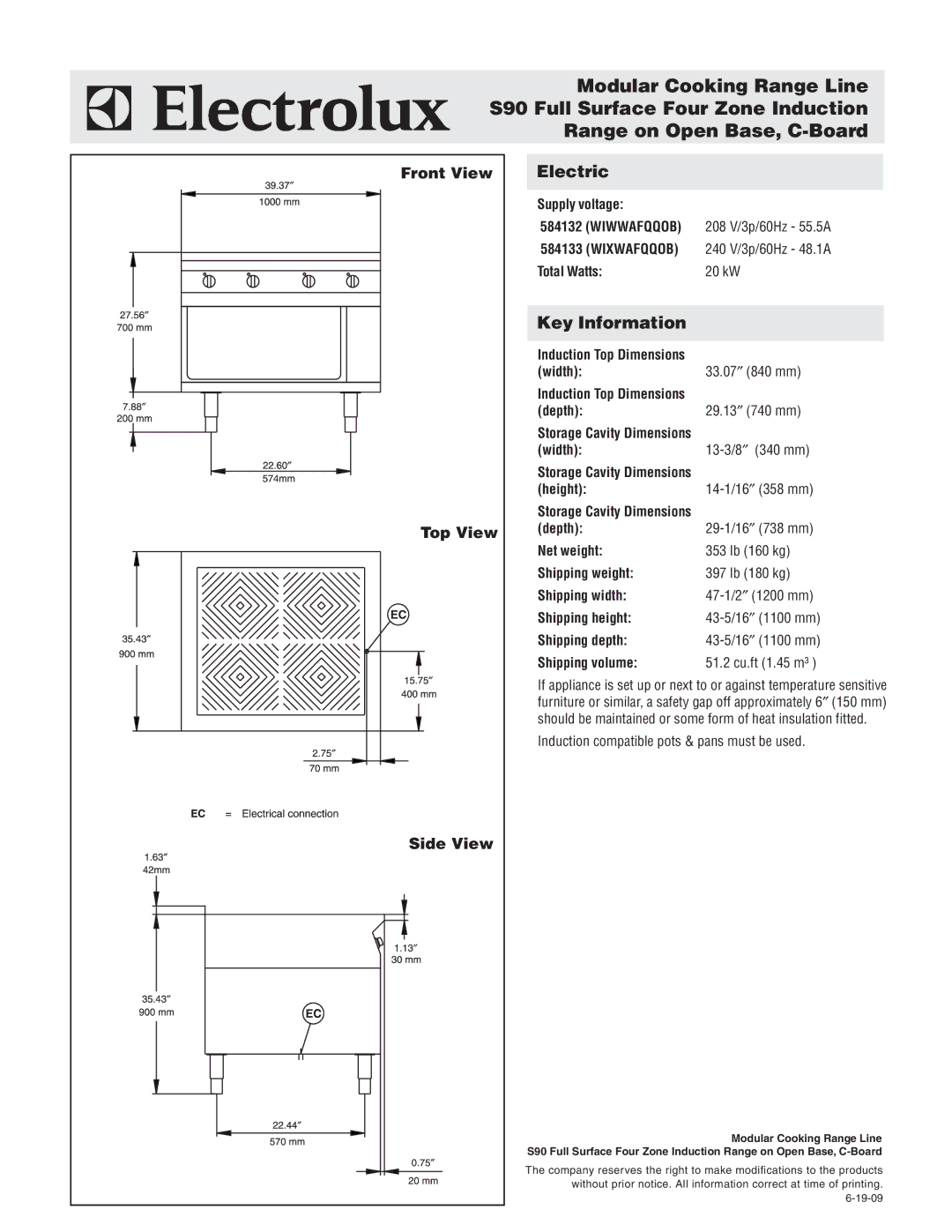 Electrolux 584132, WIWWAFQQOB, WIXWAFQQOB, 584133 warranty Front View Top View, Side View 