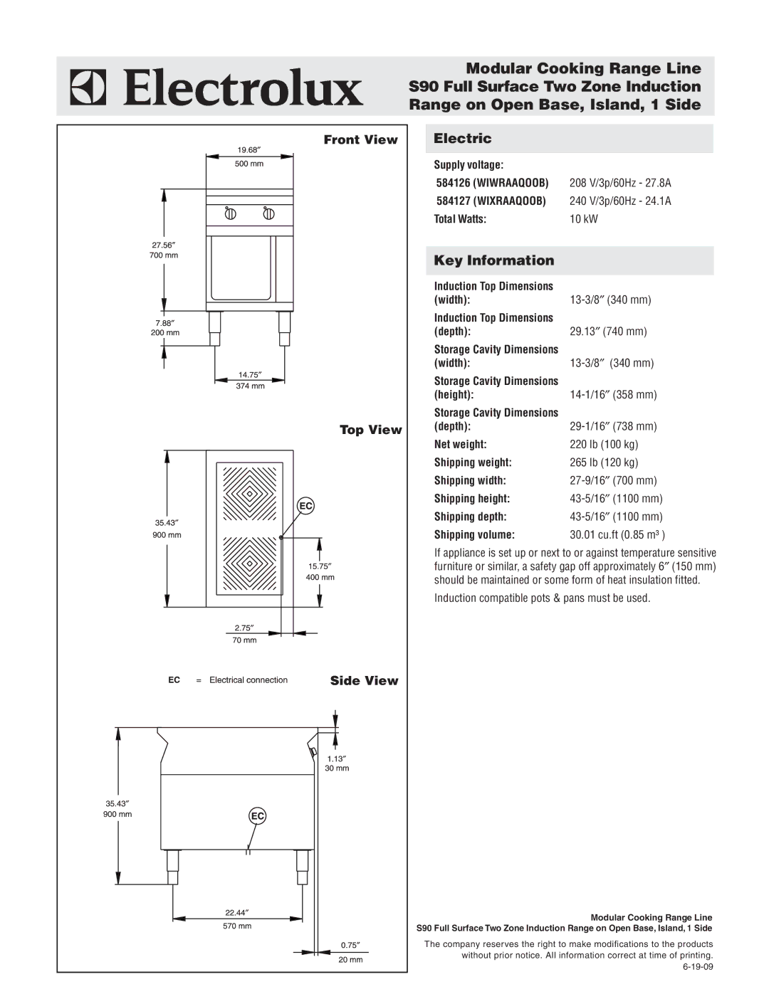 Electrolux 584129, WIXRAAQOOB, WIWRAAQOOB, 584128 warranty Front View Top View Side View 