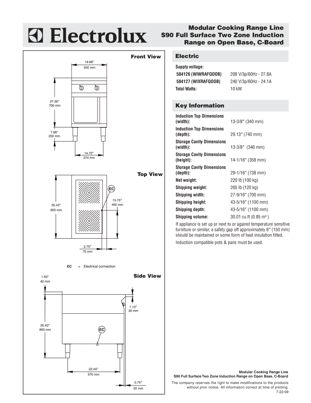 Electrolux 584127, WIXRAFQOOB, WIWRAFQOOB, 584126 warranty Front View Top View, Side View 