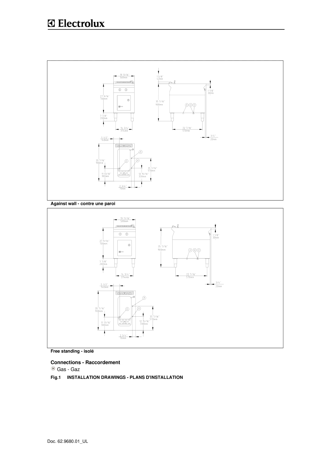 Electrolux 9CHG584138, WKGROFOOOO, WKGROAOOOO manual Connections Raccordement, Installation Drawings Plans Dinstallation 