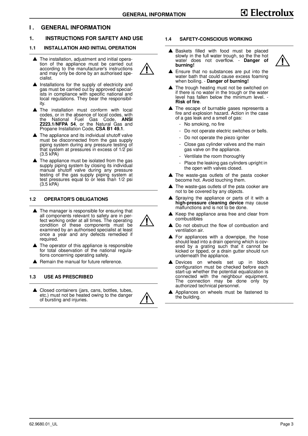 Electrolux WKGROAOOOO, WKGROFOOOO, 9CHG584138, 9CHG584139 manual General Information, Instructions for Safety and USE 