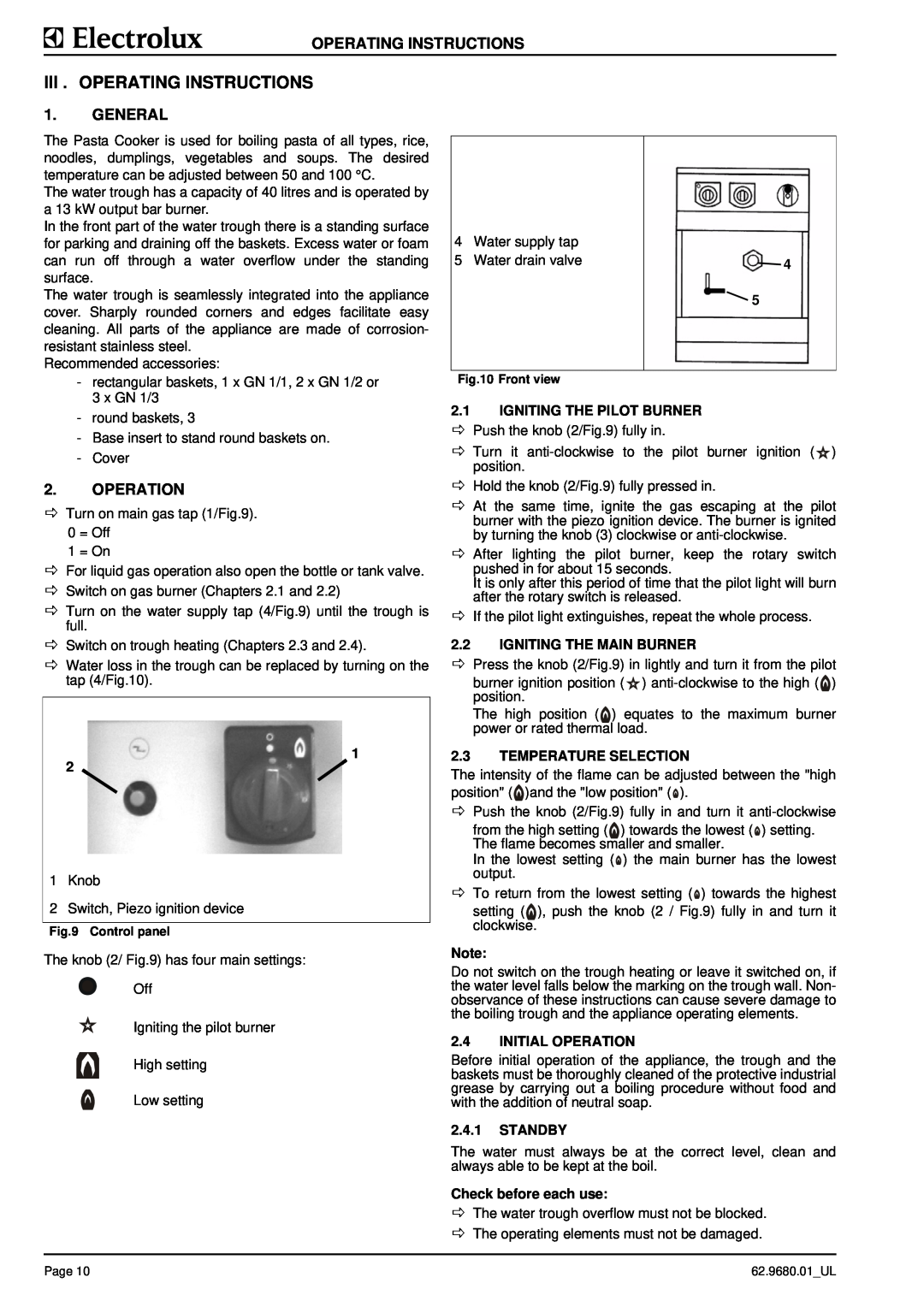 Electrolux WKGROFOOOO Iii . Operating Instructions, General, Operation, 2.1IGNITING THE PILOT BURNER, 2.4INITIAL OPERATION 
