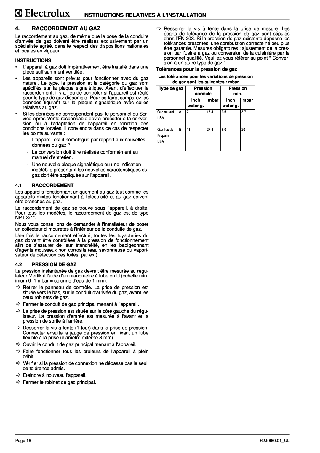 Electrolux WKGROFOOOO Instructions Relatives À Linstallation, Raccordement Au Gaz, 4.1RACCORDEMENT, 4.2PRESSION DE GAZ 