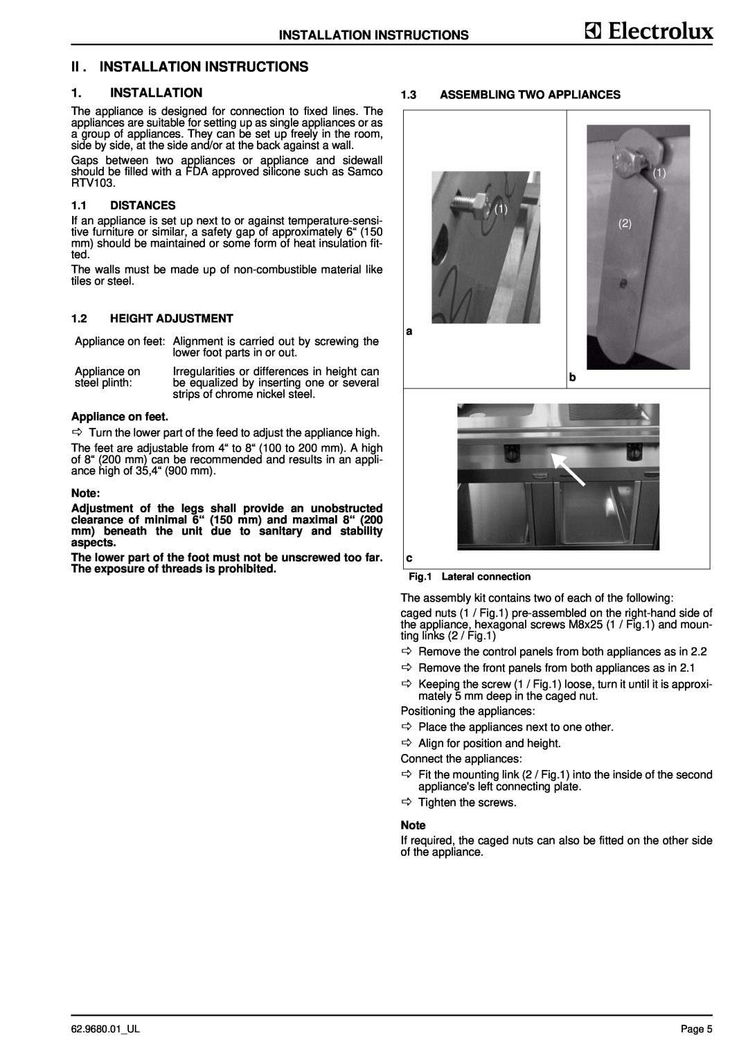 Electrolux 9CHG584139 manual Ii . Installation Instructions, Assembling Two Appliances, 1.1DISTANCES, 1.2HEIGHT ADJUSTMENT 