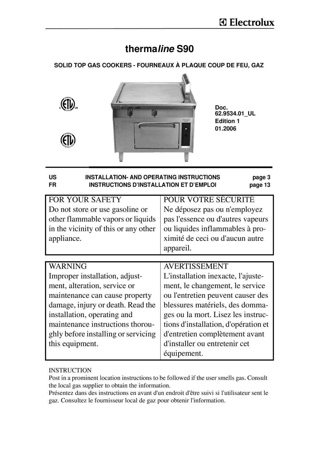 Electrolux WLGWDAOOOO, WLGWAAOOOO, 584166 manual Thermaline S90, Solid TOP GAS Cookers Fourneaux À Plaque Coup DE FEU, GAZ 