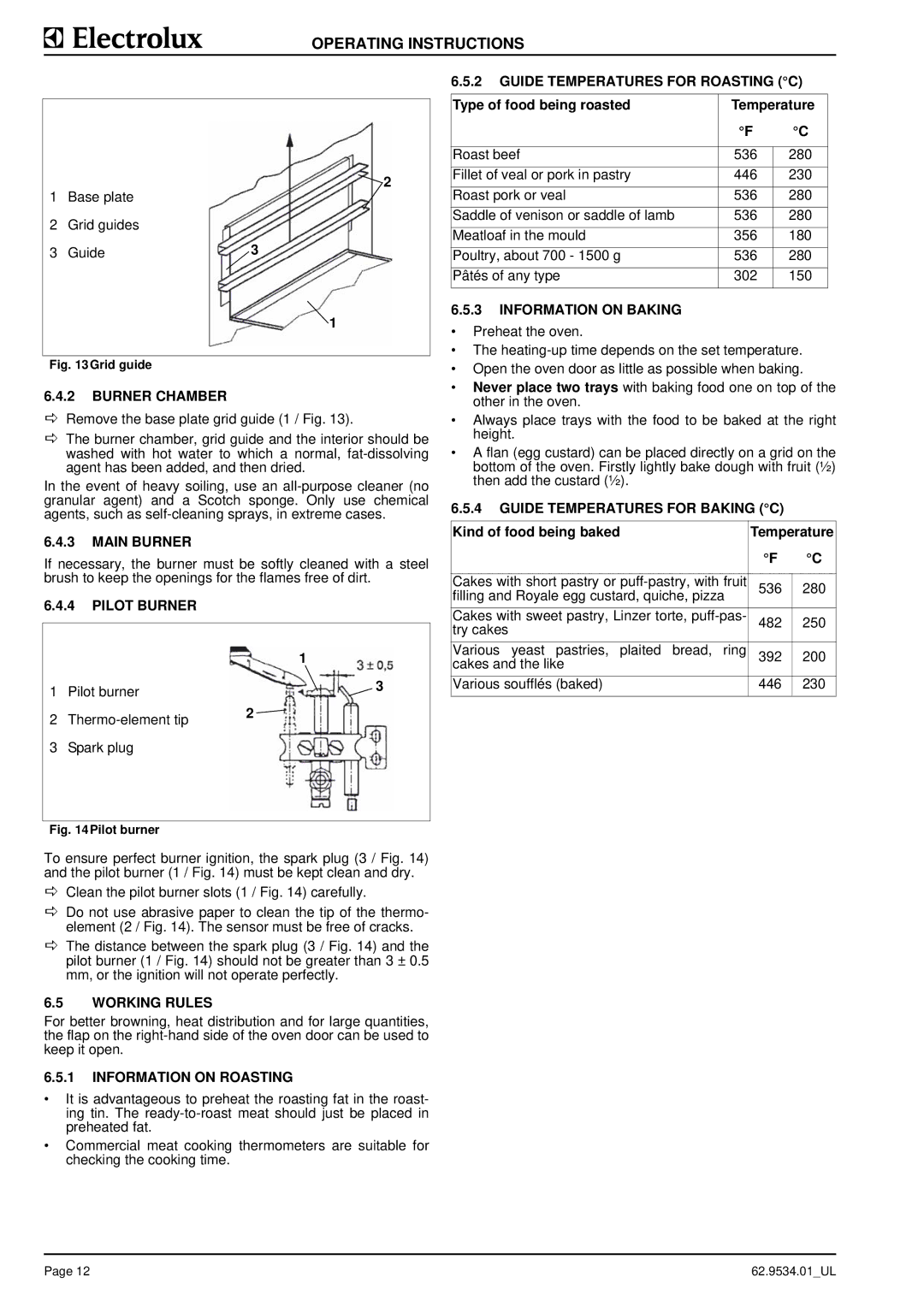 Electrolux WLGWACOOOO, WLGWAAOOOO Burner Chamber, Pilot Burner, Guide Temperatures for Roasting C, Information on Baking 