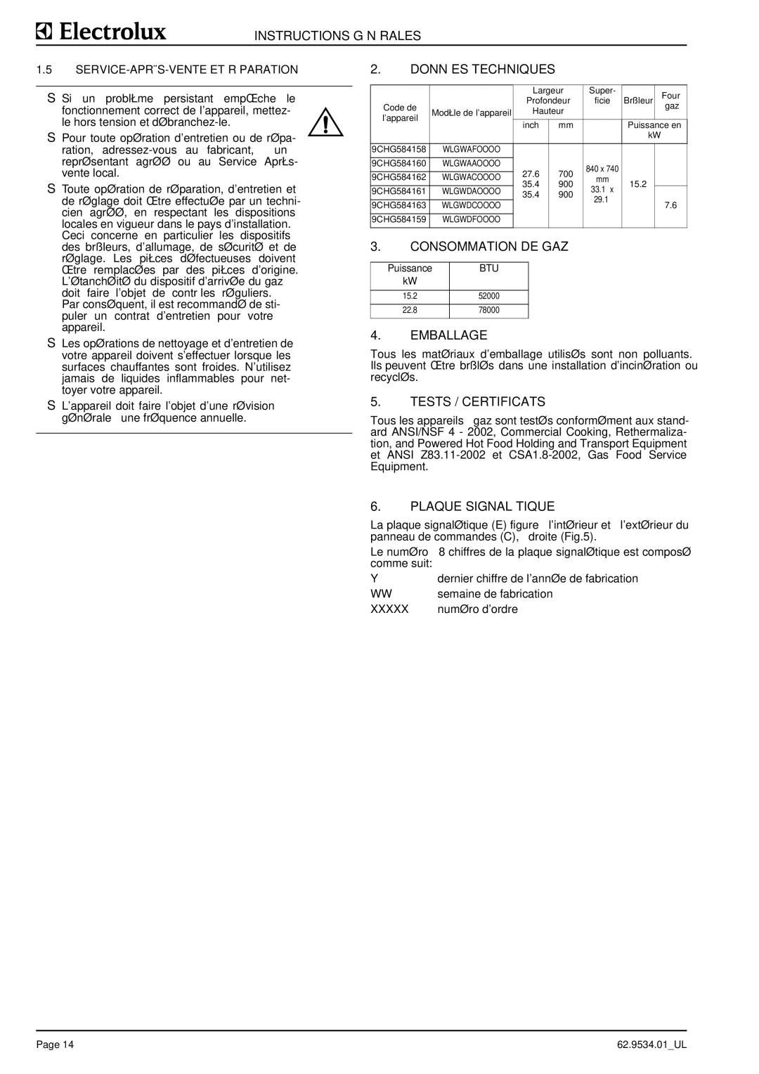 Electrolux WLGWAFOOOO, 584166 Données Techniques, Consommation DE GAZ, Emballage, Tests / Certificats, Plaque Signalétique 