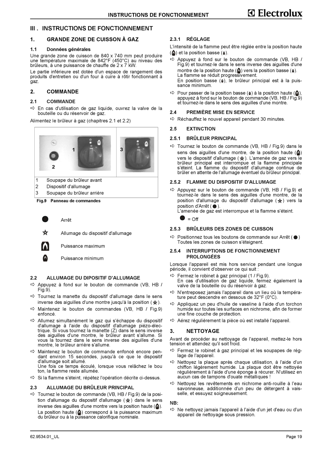 Electrolux 584166, WLGWAAOOOO manual III . Instructions DE Fonctionnement, Grande Zone DE Cuisson À GAZ, Commande, Nettoyage 