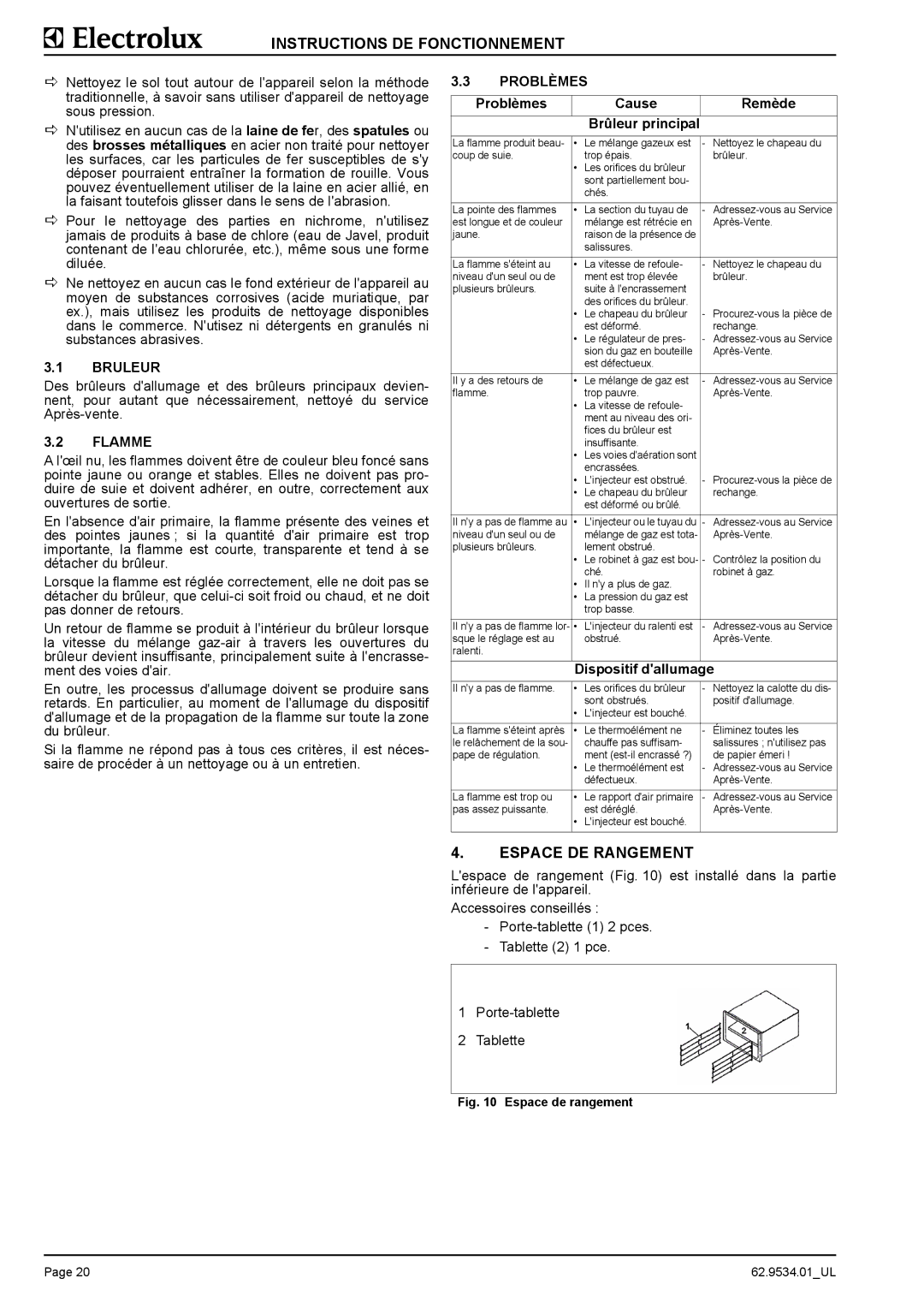 Electrolux 9CHG584163, WLGWAAOOOO manual Espace DE Rangement, Bruleur, Flamme, Problèmes Cause Remède Brûleur principal 