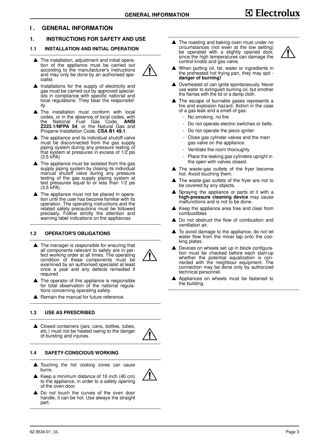 Electrolux 9CHG584162, WLGWAAOOOO, WLGWDAOOOO, WLGWDCOOOO, WLGWACOOOO General Information, Instructions for Safety and USE 