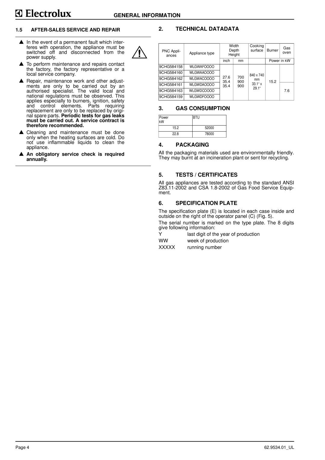 Electrolux 9CHG584159, 584166 Technical Datadata, GAS Consumption, Packaging, Tests / Certificates, Specification Plate 