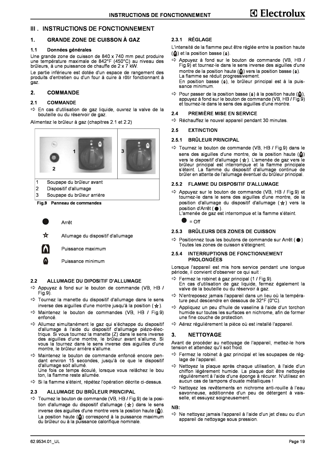 Electrolux 584166, WLGWAAOOOO manual Iii . Instructions De Fonctionnement, Grande Zone De Cuisson À Gaz, Commande, Nettoyage 