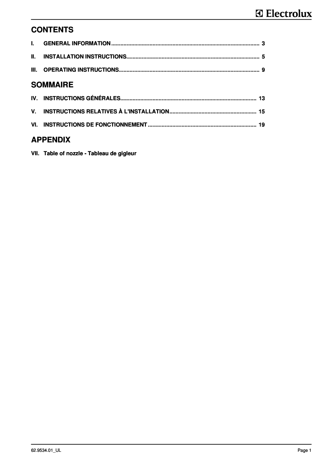 Electrolux WLGWAFOOOO, WLGWAAOOOO, WLGWDAOOOO manual Contents, Sommaire, Appendix, VII. Table of nozzle - Tableau de gigleur 