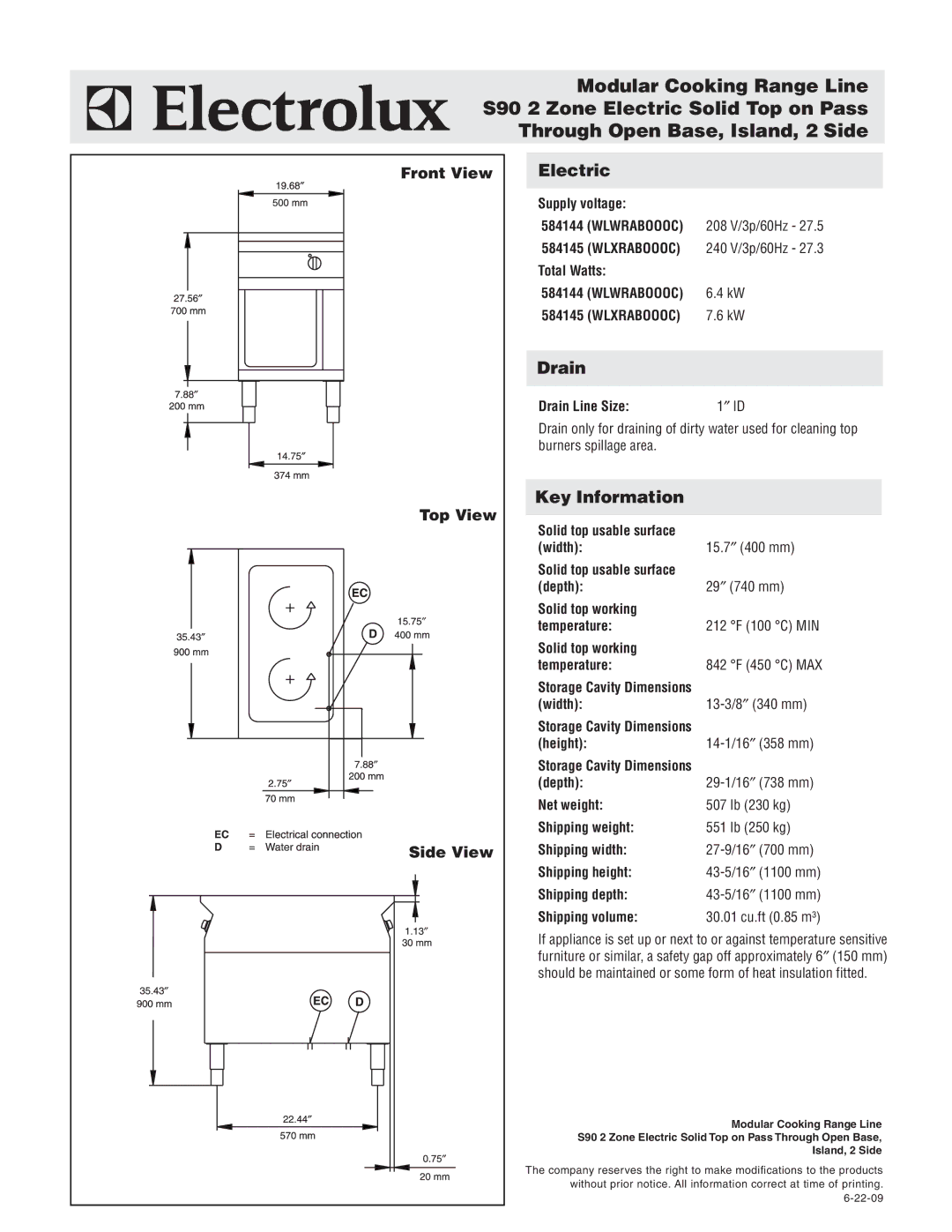 Electrolux WLWRABOOOC, WLXRABOOOC warranty Electric, Drain, Key Information, Front View Top View Side View 