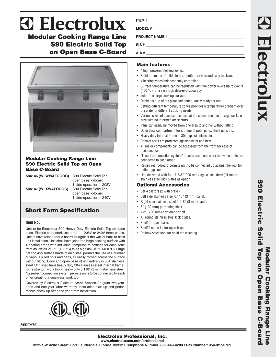 Electrolux WLXWAFOOOC, 584146 manual S90 Electric Solid Top on Modular Open Base C CookingRange, Line Board, Main features 