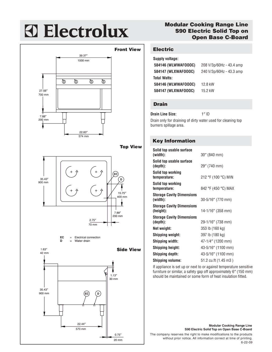 Electrolux 584146, WLWWAFOOOC, WLXWAFOOOC, 584147 manual Electric, Drain, Key Information, Front View Top View Side View 