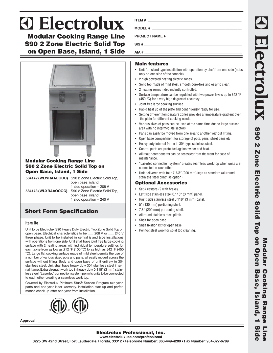 Electrolux WLWRAAOOOC, WLXRAAOOOC warranty Main features, Optional Accessories, Electrolux Professional, Inc, Item No 