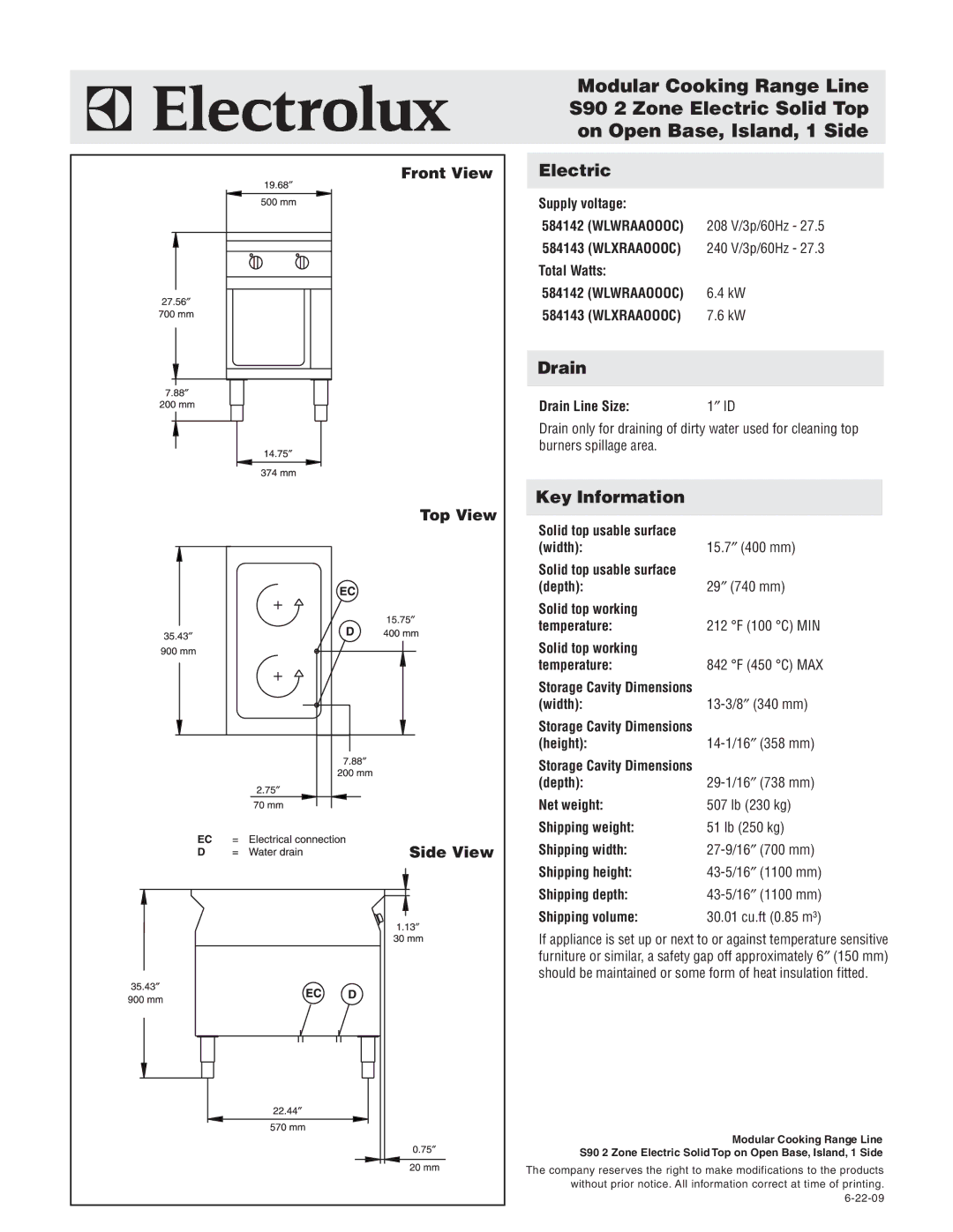 Electrolux WLXRAAOOOC, WLWRAAOOOC warranty Electric, Drain, Key Information, Front View Top View Side View 