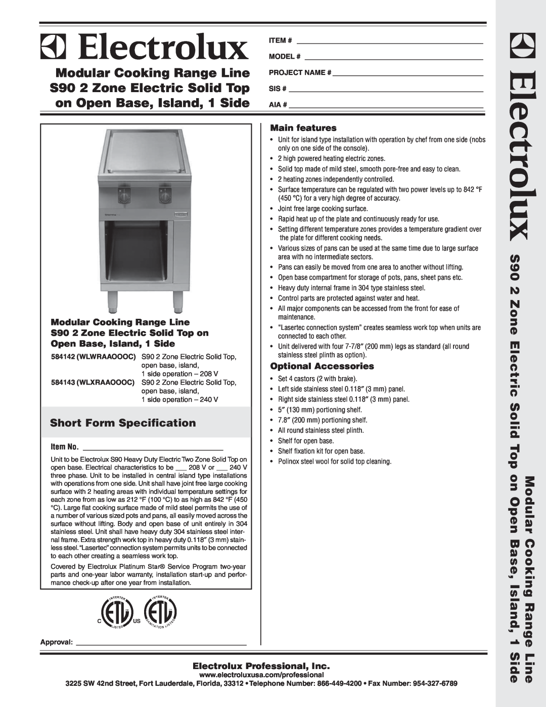 Electrolux WLWRAAOOOC warranty Short Form Specification, Modular Cooking Range Line, Main features, Optional Accessories 
