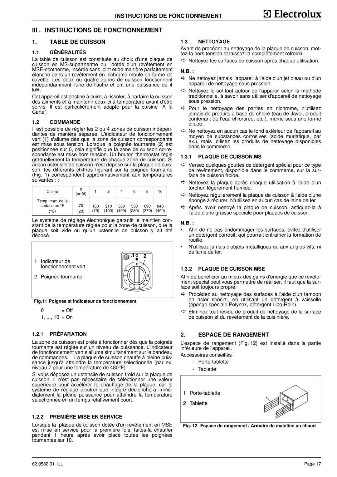 Electrolux 9CHG584148, WLXRAFOOOO, WLXWCFOOOO III . Instructions DE Fonctionnement, Table DE Cuisson, Espace DE Rangement 