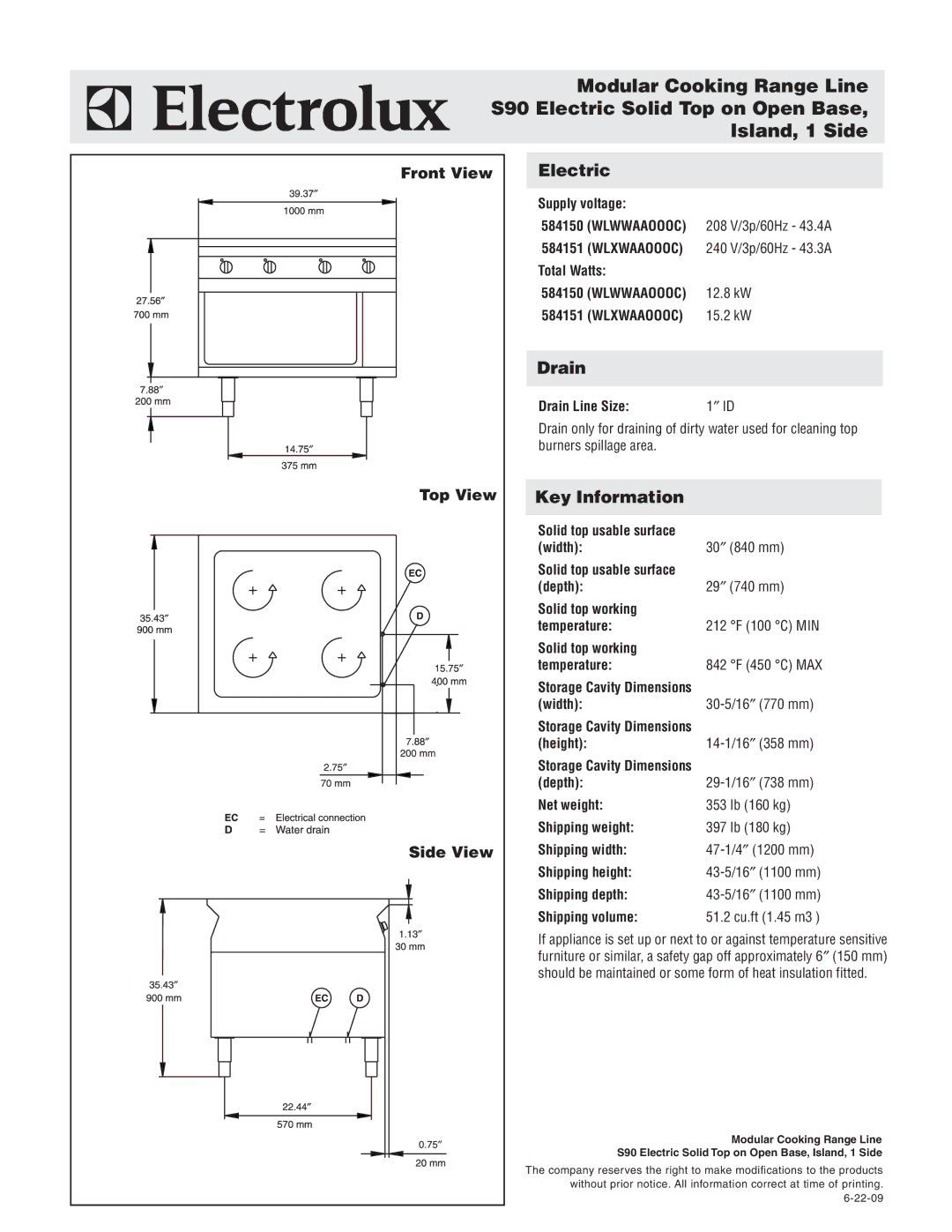 Electrolux 584150, WLXWAAOOOC, WLWWAAOOOC, 584151 warranty Electric, Drain, Key Information, Front View Top View Side View 