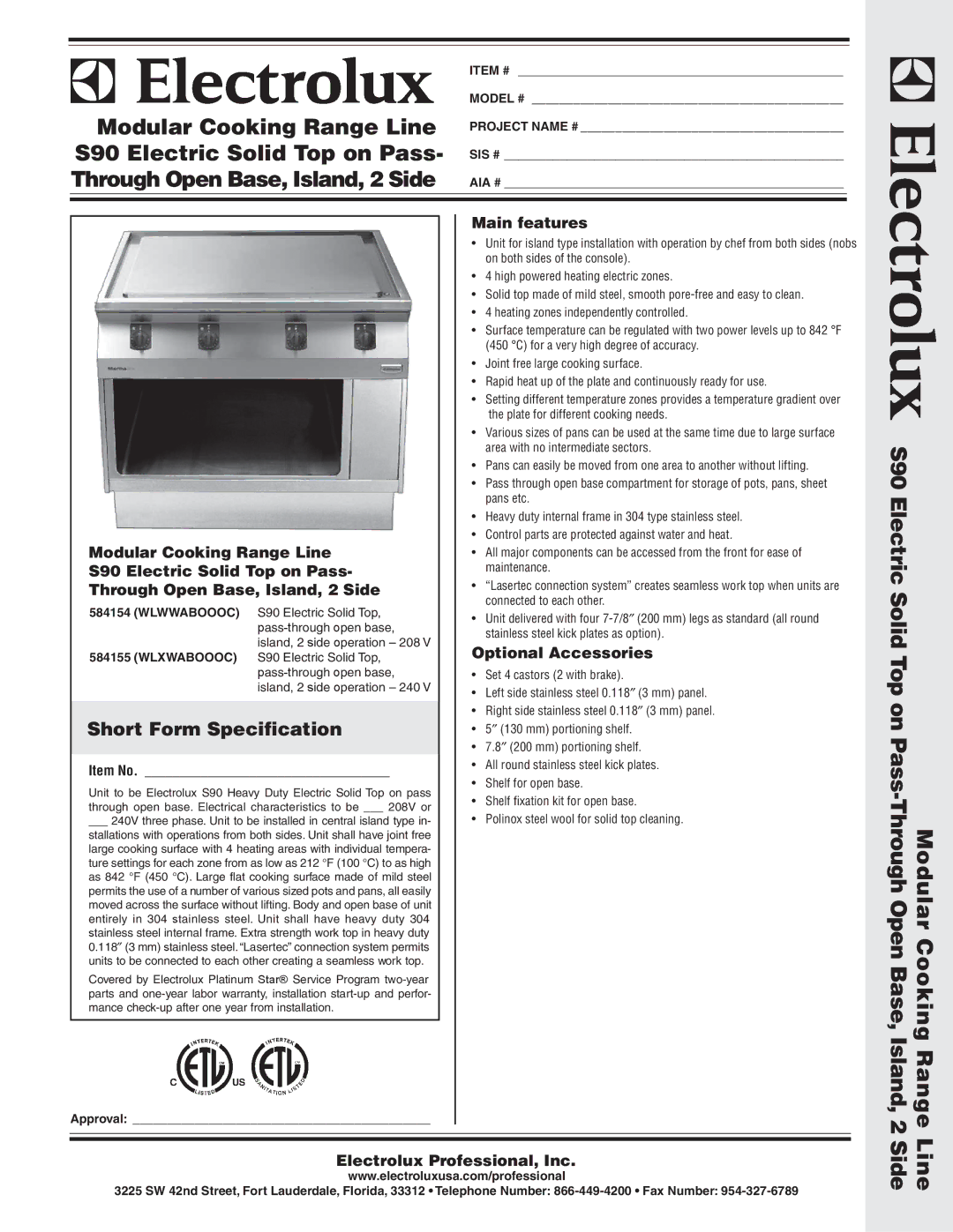 Electrolux WLWWABOOOC, WLXWABOOOC warranty Main features, Modular Cooking Range Line, S90 Electric Solid Top on Pass 