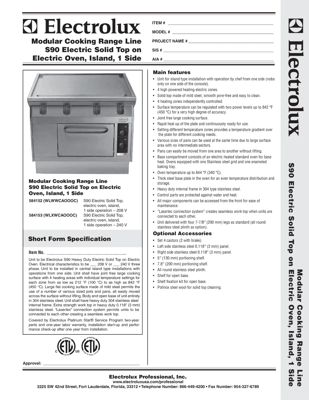 Electrolux WLWWCAOOOC warranty Modular Cooking Range Line, S90 Electric Solid Top on, Electric Oven, Island, 1 Side 