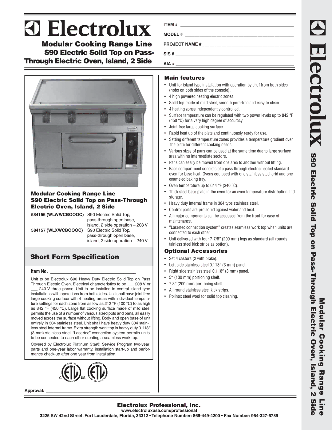 Electrolux WLWWCBOOOC, WLXWCBOOOC, 584156 warranty Modular Cooking Range Line, S90 Electric Solid Top on Pass, Through 