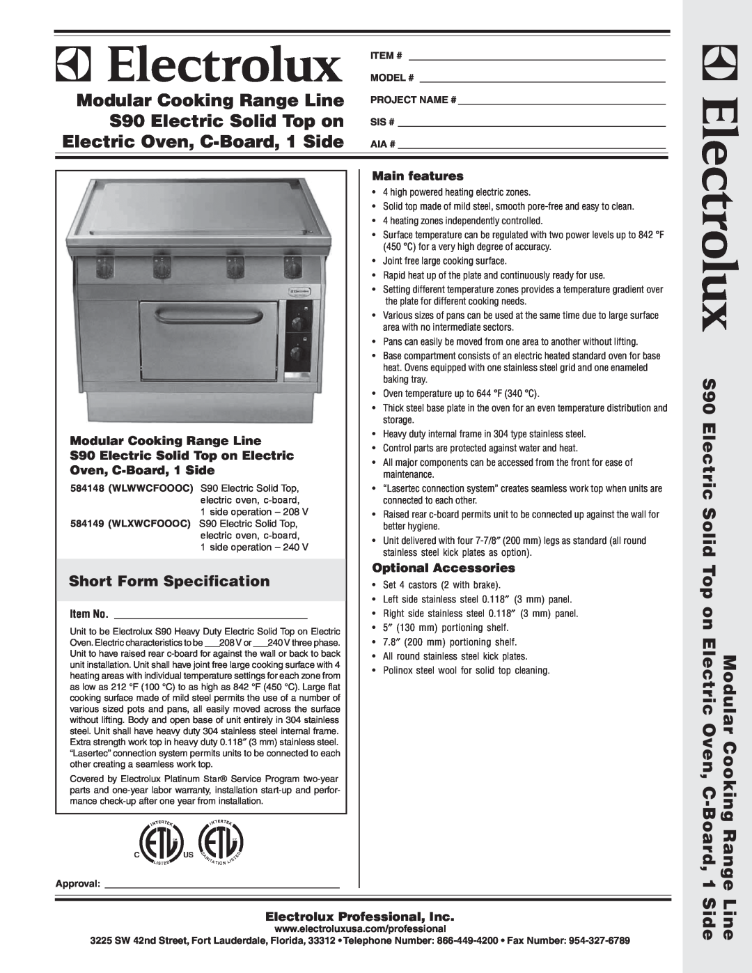 Electrolux WLWWCFOOOC warranty Short Form Specification, Modular Cooking Range Line, Main features, Optional Accessories 